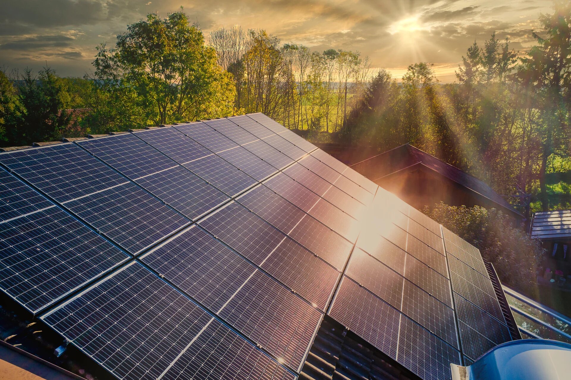 Vue de panneaux photovoltaïque sur un toit avec la forêt en arrière plan