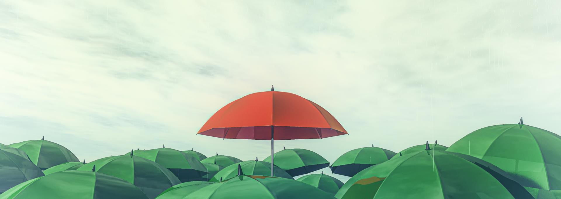 parapluie rouge déployé qui émerge d'une masse de parapluies verts déployés