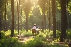 homme de dos assis devant son bureau et son ordinateur au milieu de la forêt