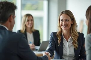 De face, une femme souriante qui sert la main d'un homme vu de dos. D'autres personnes et silhouettes, floues, les entourent