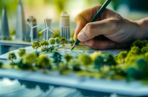 un architecte qui dessine sur une maquette pleine d'arbres et d'éoliennes